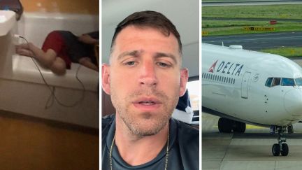 kid laying in pod (l) man shares traveling issue (c) Delta airlines planes (r)