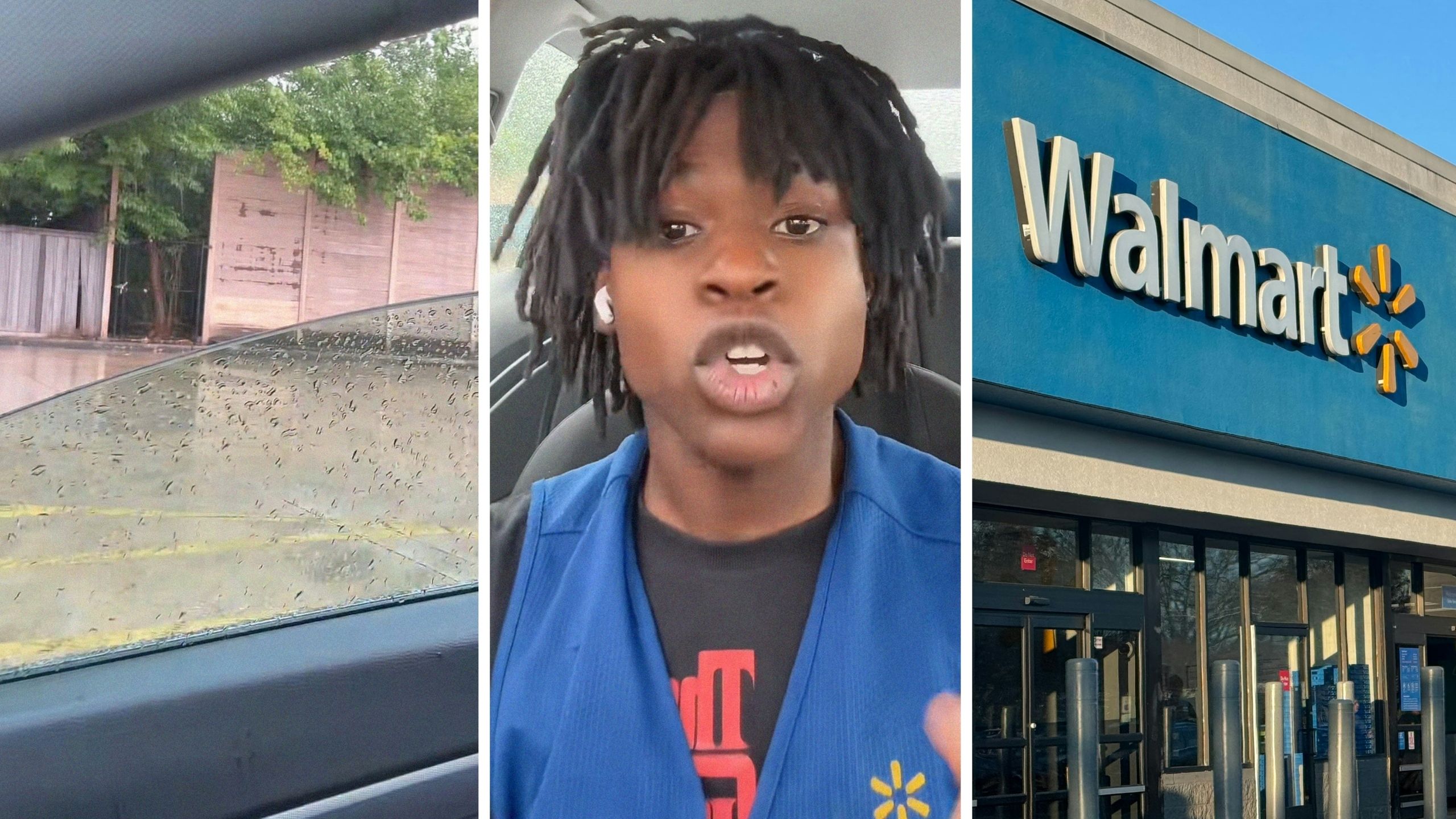 rainy weather (l) man shares delivery issue (c) walmart storefront (r)