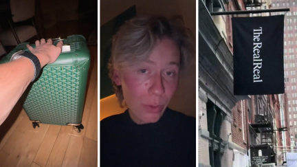 Goyard bag (l) man shares luxary bag purchases (c) The Real Real storefront (r)