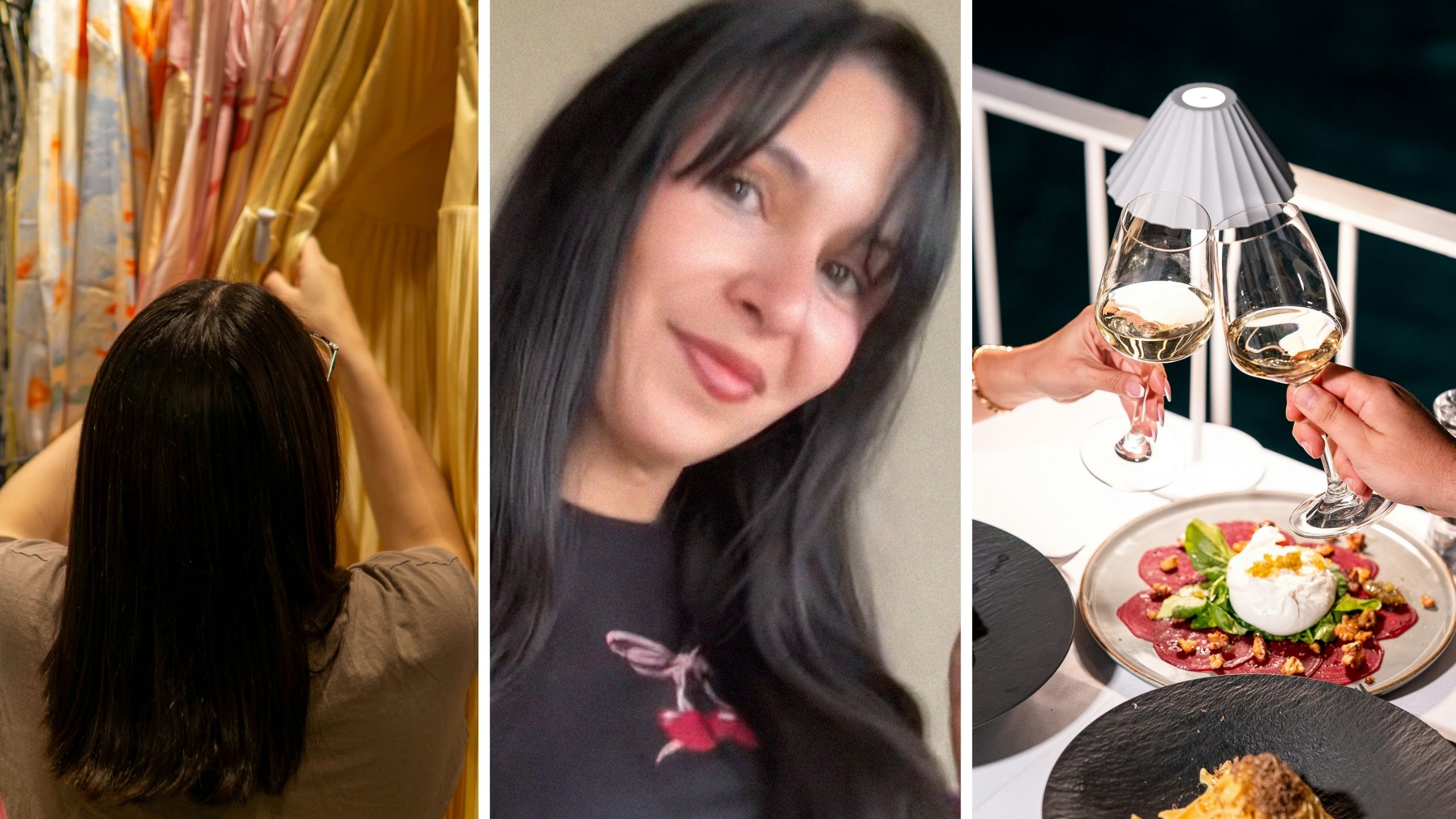 woman finding fancy dress (l) woman shares relationship story (c) couple on a fancy date (r)
