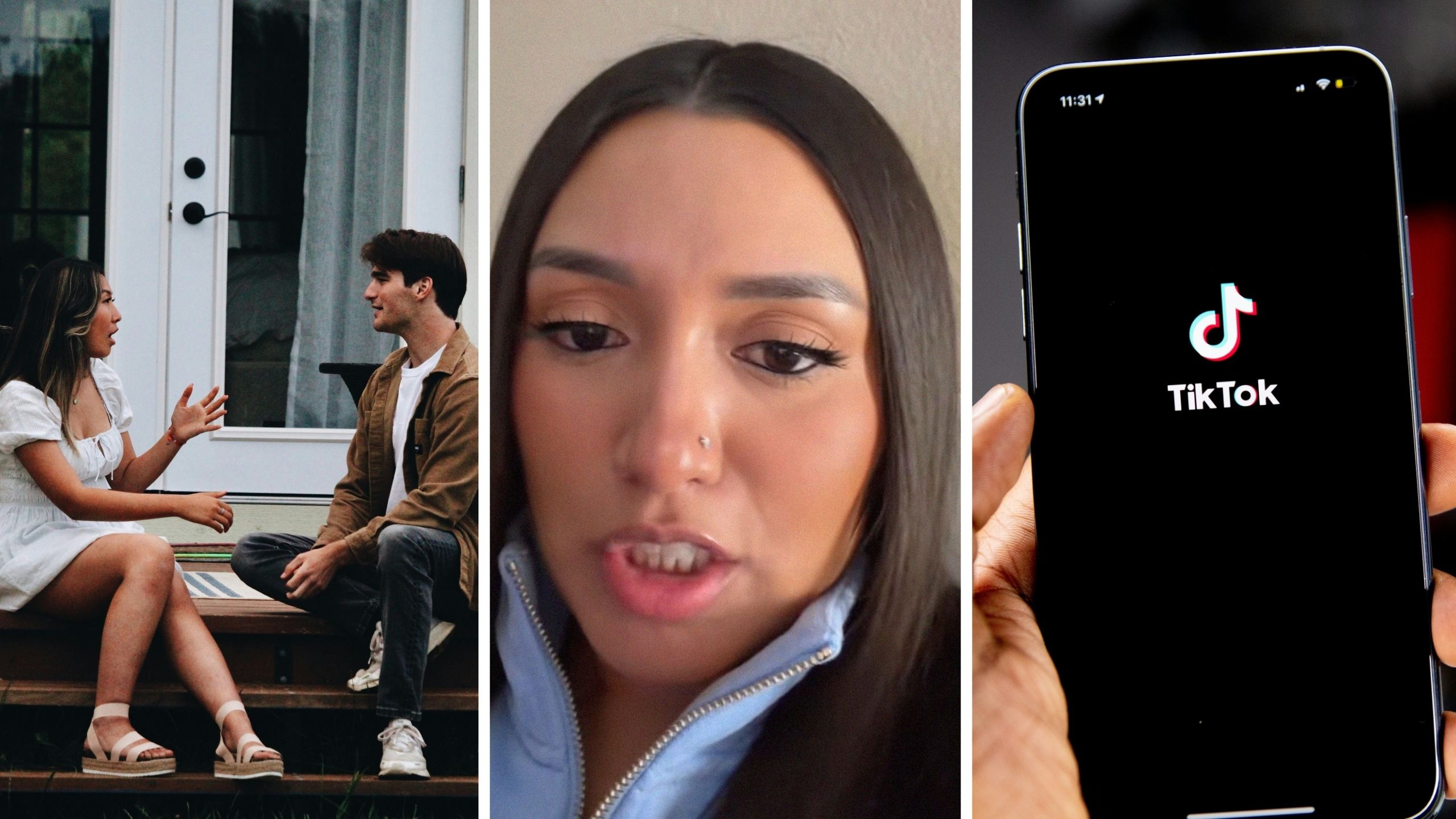 woman and man conversing (l) woman shares dating experience (c) Tiktok app (r)
