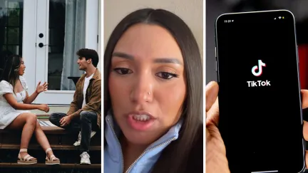 woman and man conversing (l) woman shares dating experience (c) Tiktok app (r)