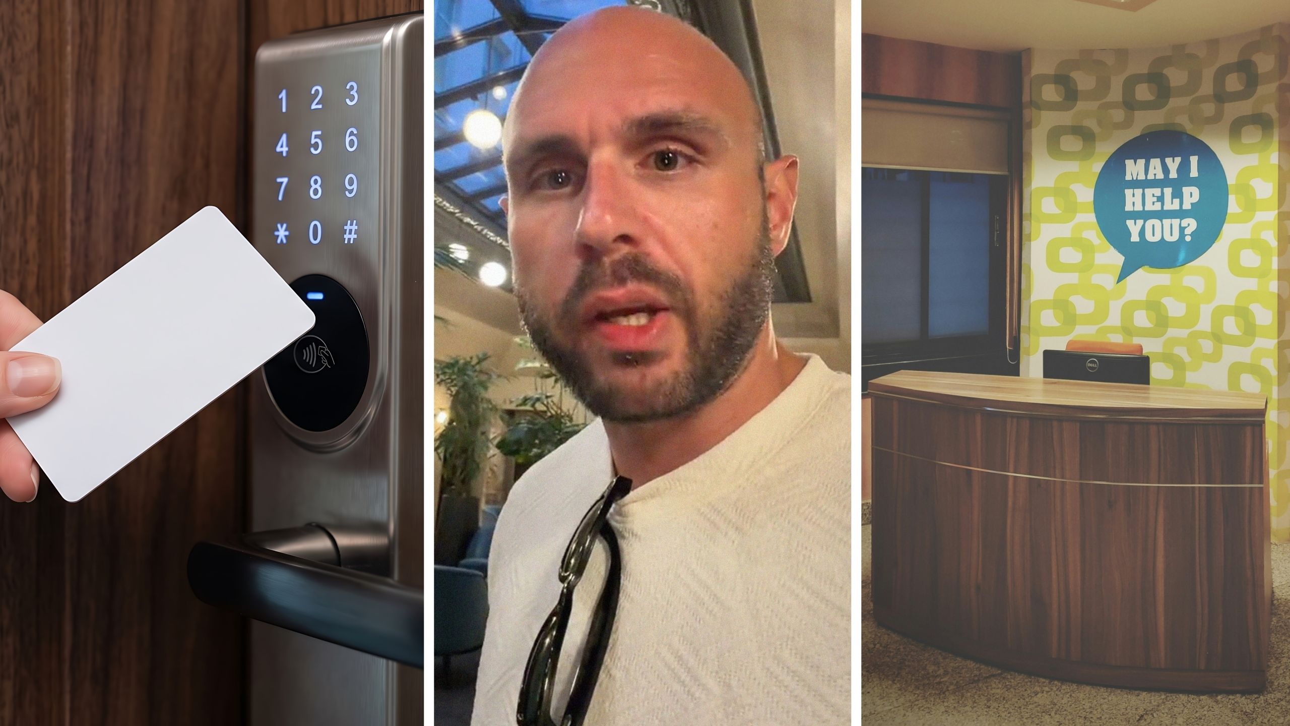 hotel room key (l) man shares hotel experience (c) hotel front desk (r)