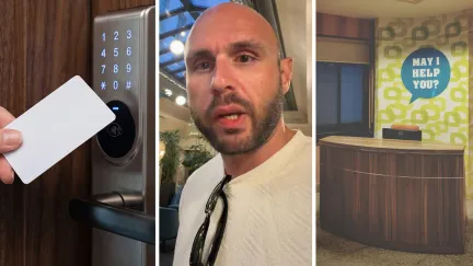 hotel room key (l) man shares hotel experience (c) hotel front desk (r)