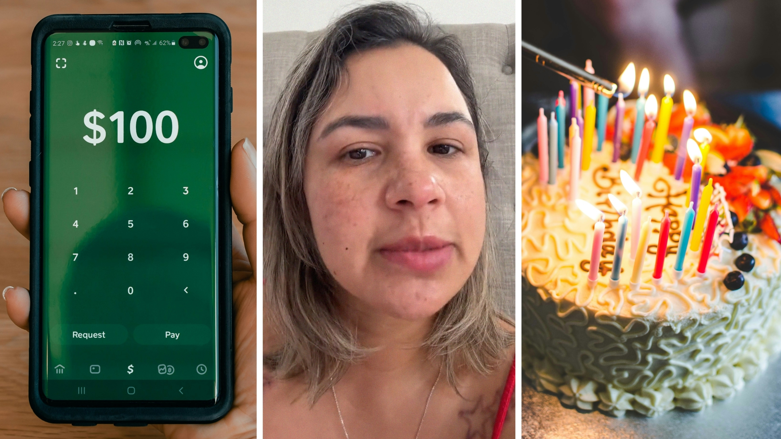 cash app (l) woman shares apple cash issue (c) birthday celebration (r)