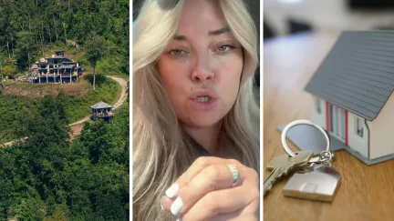 house in rural area (l) woman shares Realtor experience (c) keys and home (r)