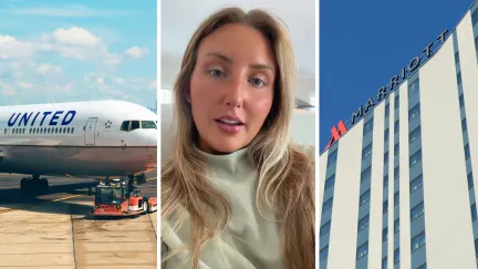 United airlines aircraft (l) woman shares dating experience (c) Marriott hotel (r)