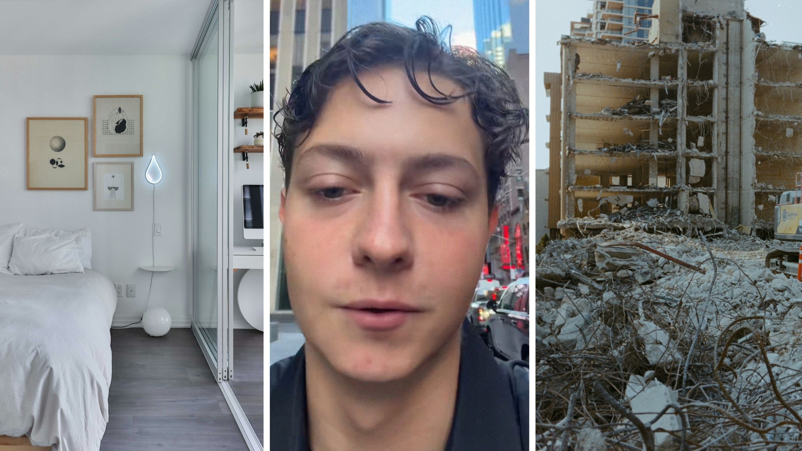 apartment bedroom (l) man shares apartment building issue (c) collapsed building (r)