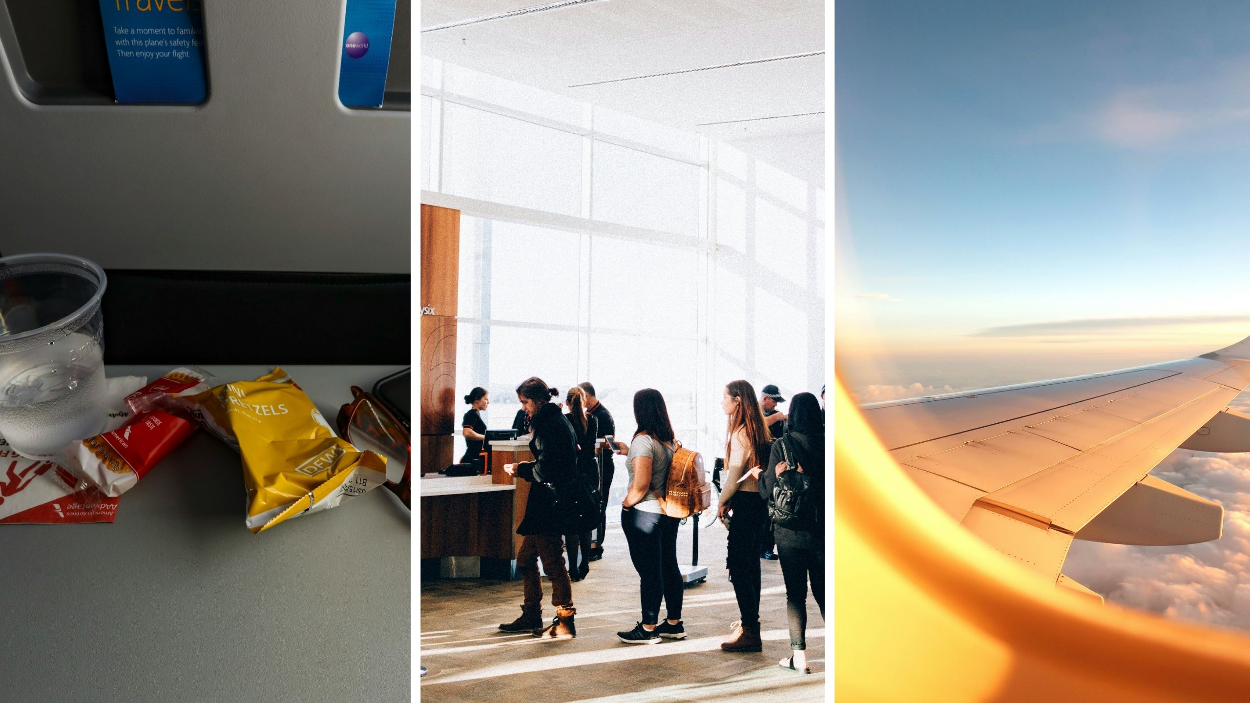 flight snacks (l) Passenger boarding flight from Athens to JFK (c) long flight window view (r)
