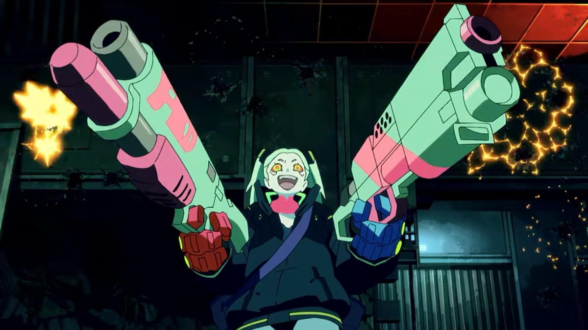 Rebecca dual wields long guns in Cyberpunk Edgerunners