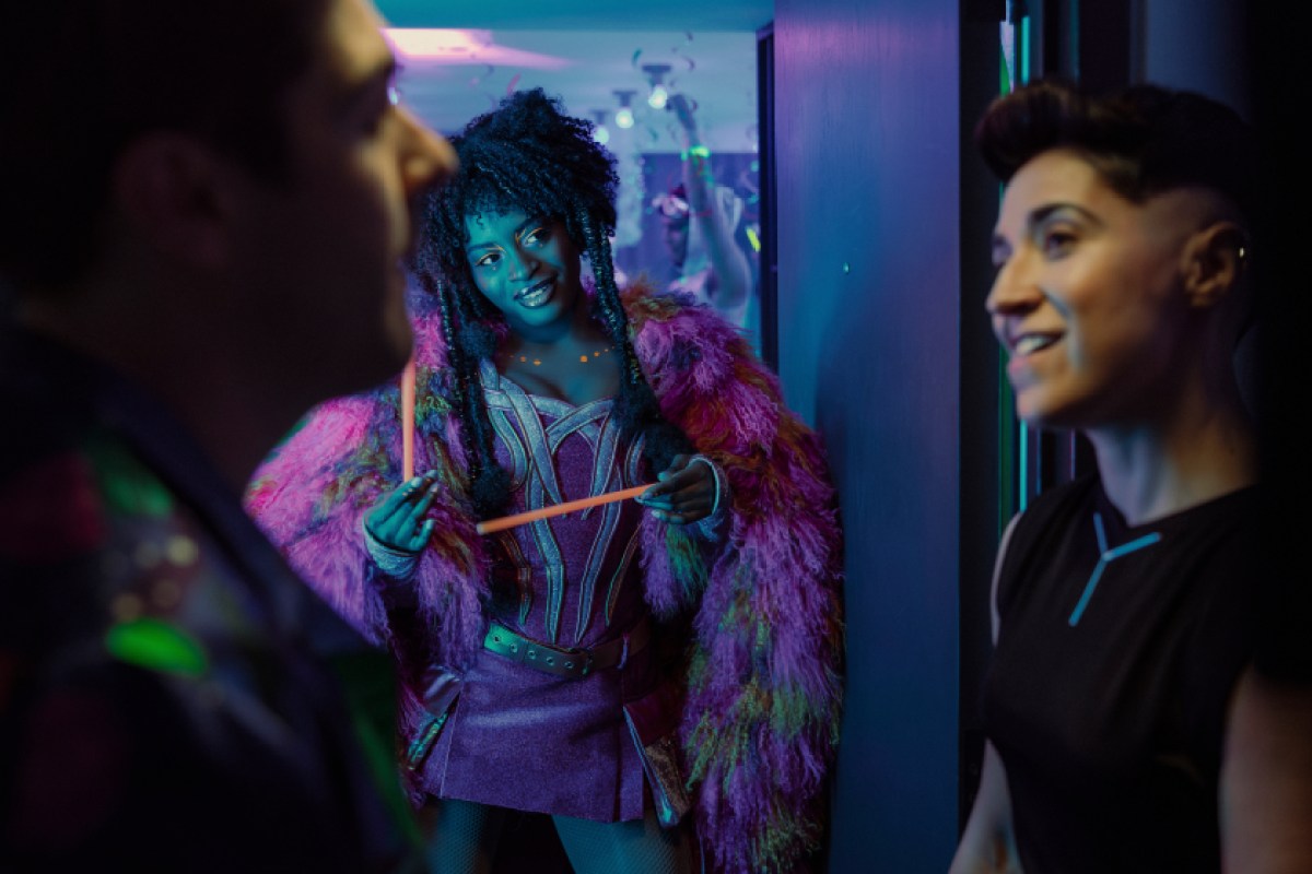 (L-R): Martin Quinn as Scotty, Celia Rose Gooding as Uhura, and Melissa Navia as Erica Ortegas in season 4, episode 3, of Star Trek: Strange New Worlds streaming on Paramount+, 2026.