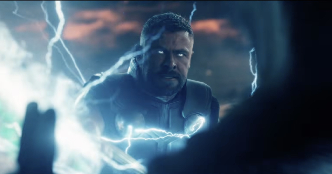 Lightning surrounds an angry god with an axe