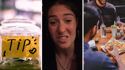 Tip jar (l) woman shares serving experience (c) group of dads eating out (r)