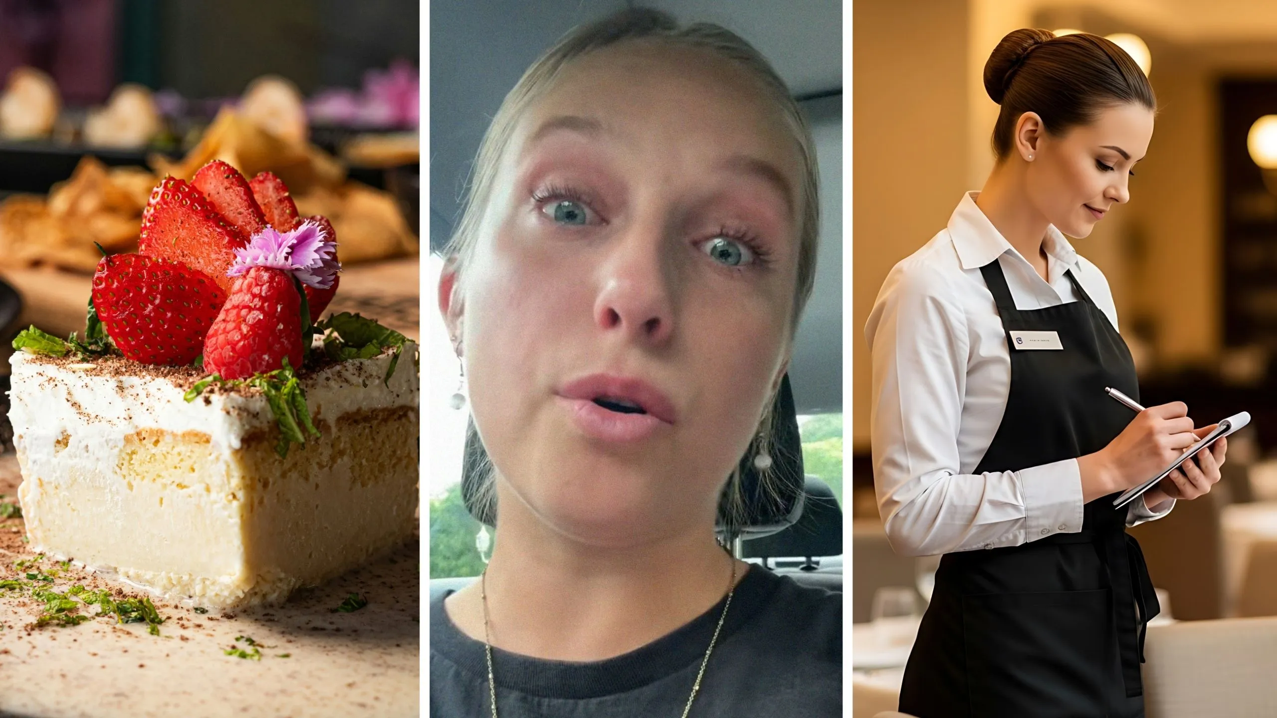 fancy dessert (l) woman shares job issue (c) waitress at work (r)