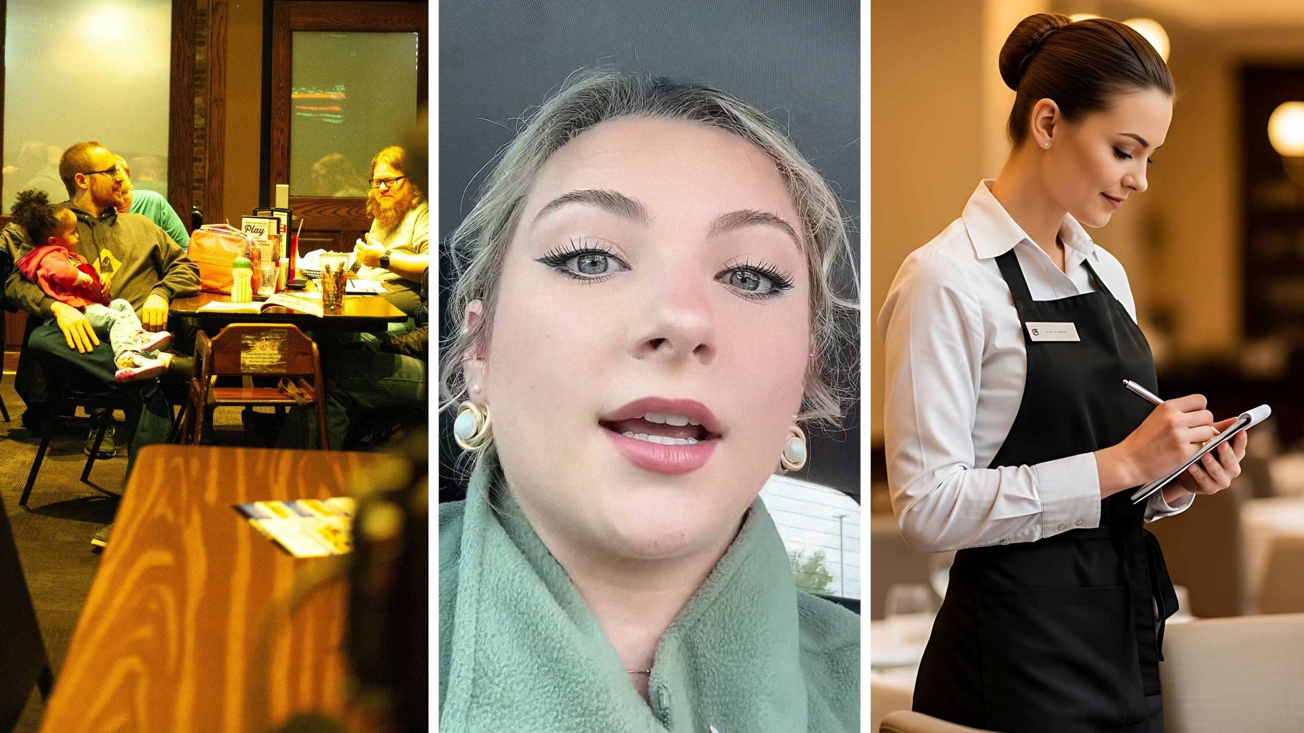 large family eating out (l) woman shares a day as a server (c) waitress taking food order (r)