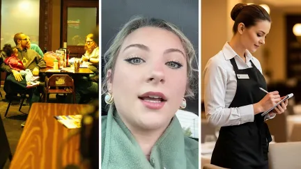 large family eating out (l) woman shares a day as a server (c) waitress taking food order (r)