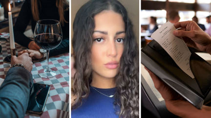 couple on a dinner date (l) woman shares a day in the job (c) date bill (r)