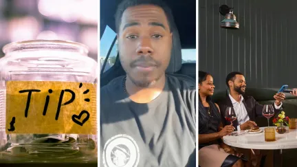 tip jar (l) man shares serving black people experience (c) waiter serving table (r)
