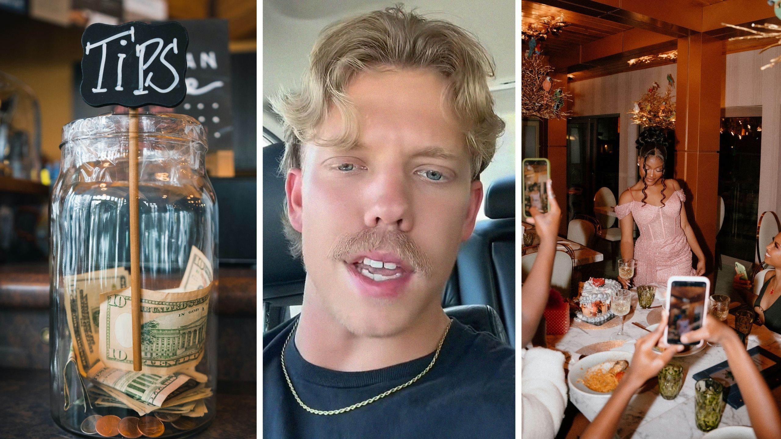 tip jar (l) man shares waiter experience (c) group having a birthday dinner (r)