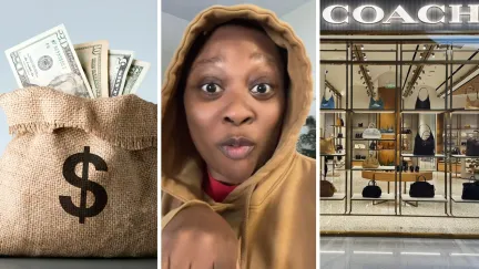 bag of money (l) woman shares bag prices (c) Coach storefront (r)