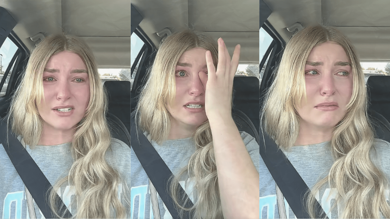 Sweet Treats by Ashley is emotional in a TikTok video, crying while explaining a cake pop recipe dispute from a Walmart parking lot.