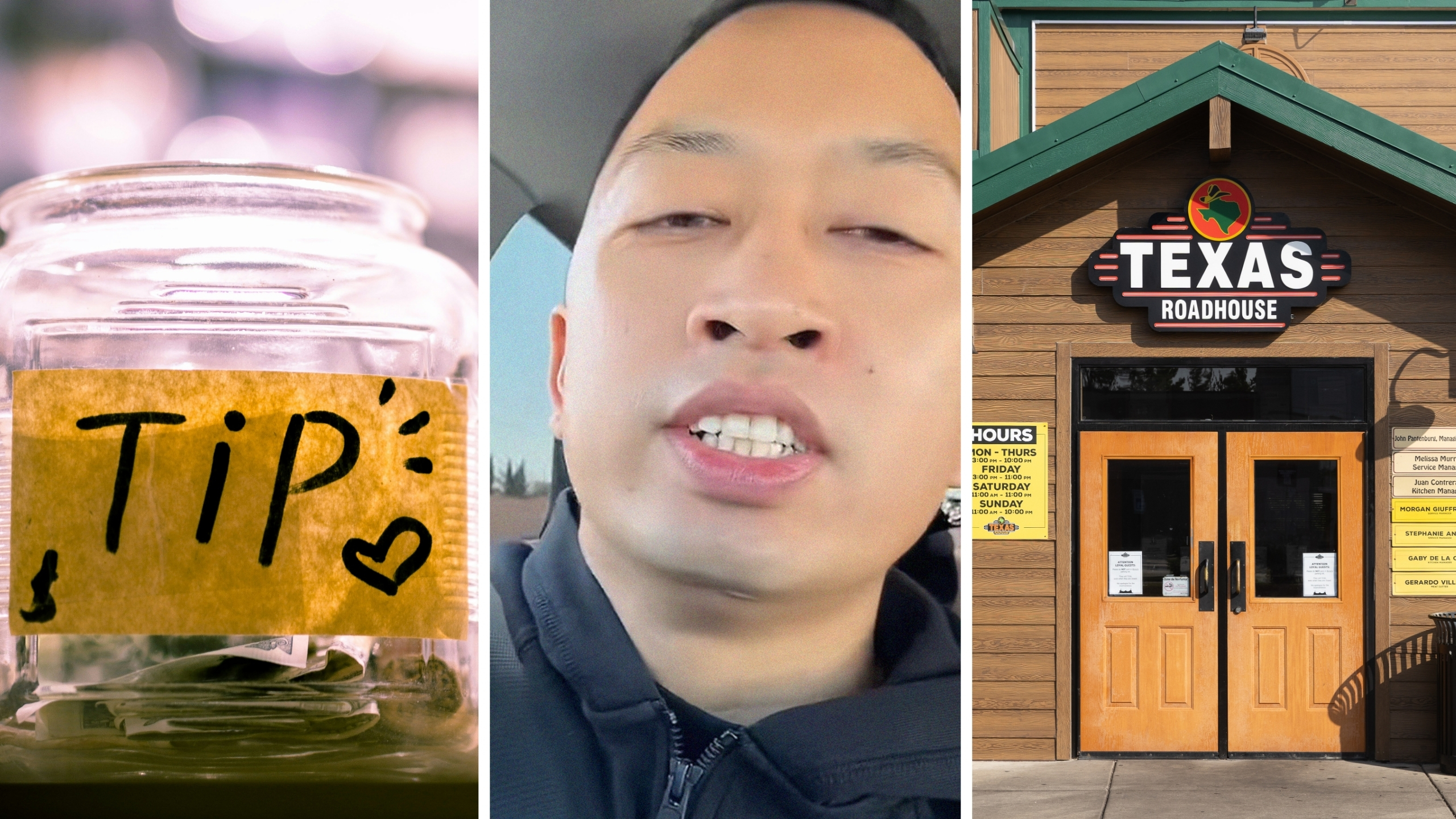 tip jar (l) server shares a day in the job (c) Texas roadhouse entrance (r)