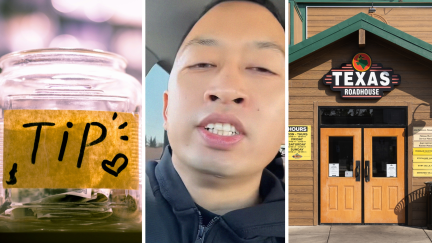 tip jar (l) server shares a day in the job (c) Texas roadhouse entrance (r)