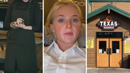 woman taking drink orders (l) woman shares waitress experience stories (c) Texas roadhouse entrance (r)