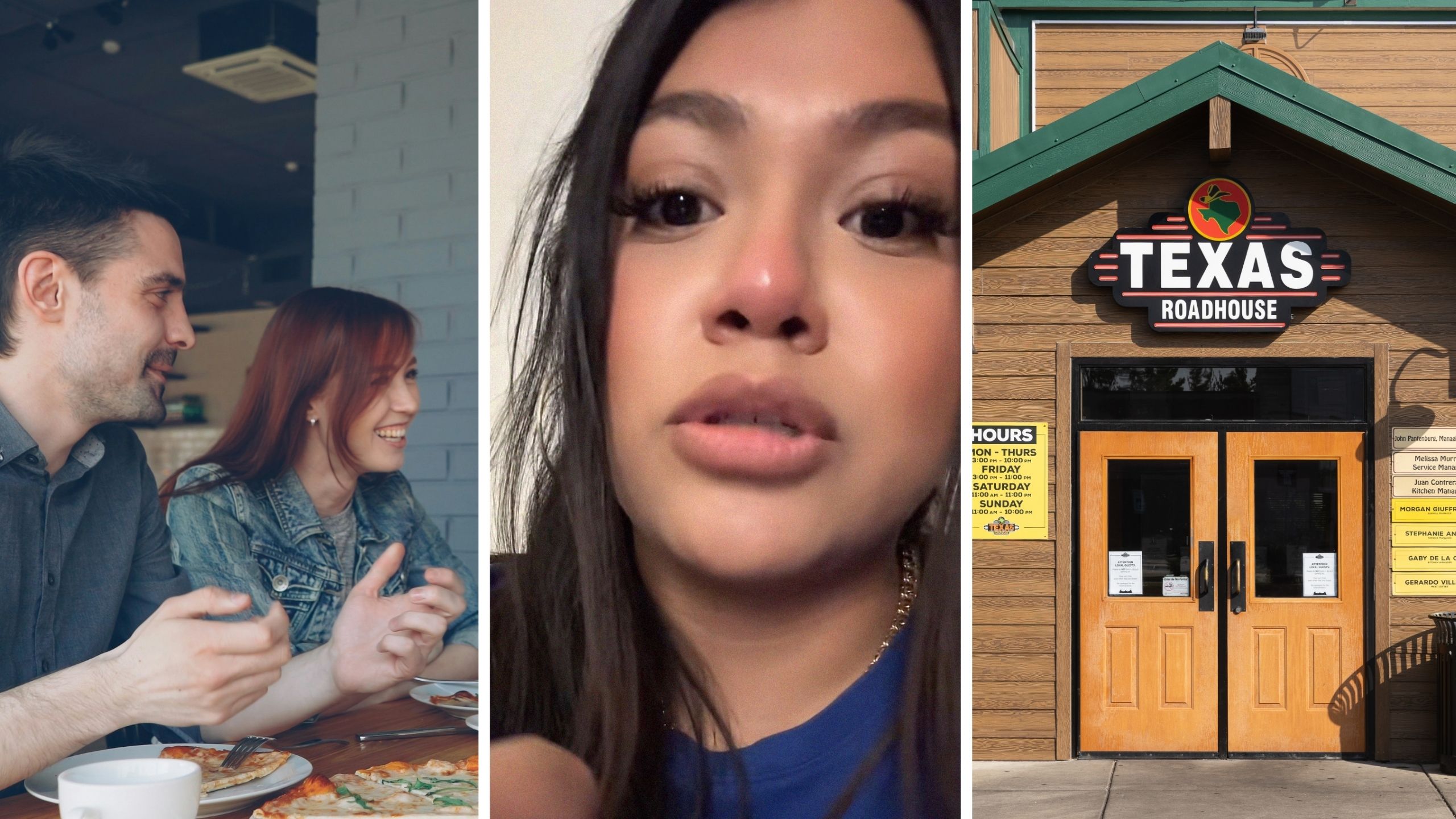double date dinner (l) server shares job experience (c) Texas roadhouse entrance (r)