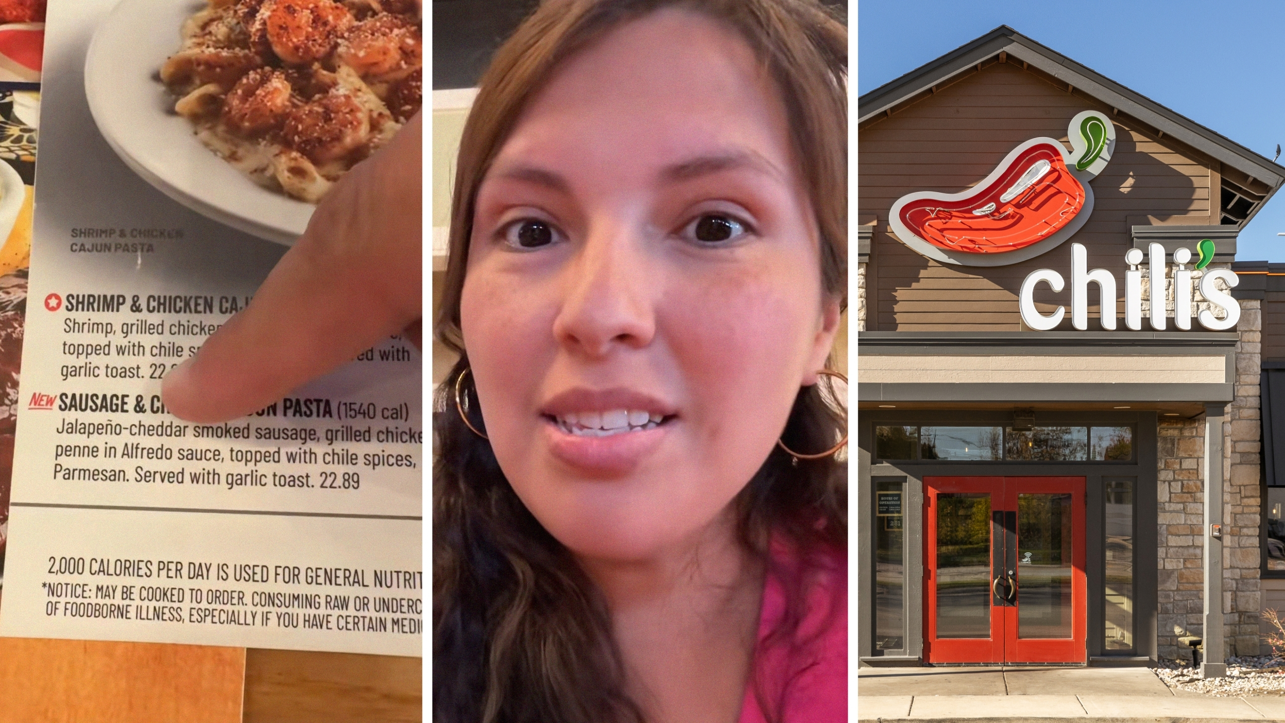 Food menu (l) woman shares Chili's observation (c) Chili's entrance (r)