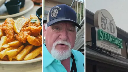 cat fish meal (l) man shares steakhouse experience (c) 5D steakhouse entrance (r)