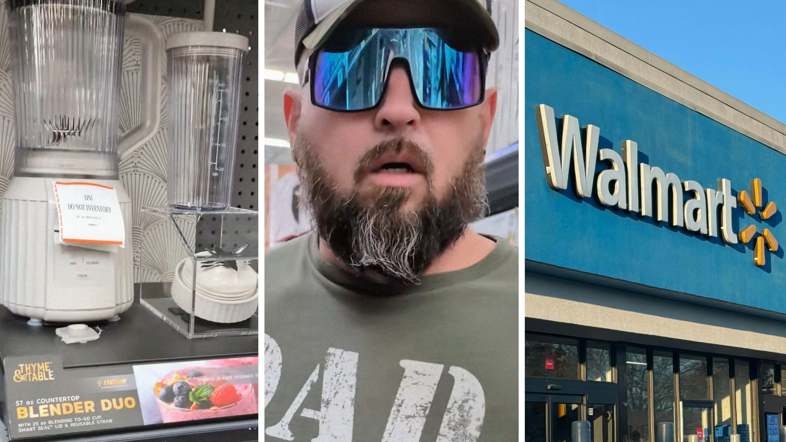 duo blender (l) man shares walmart encounter (c) walmart storefront (r)