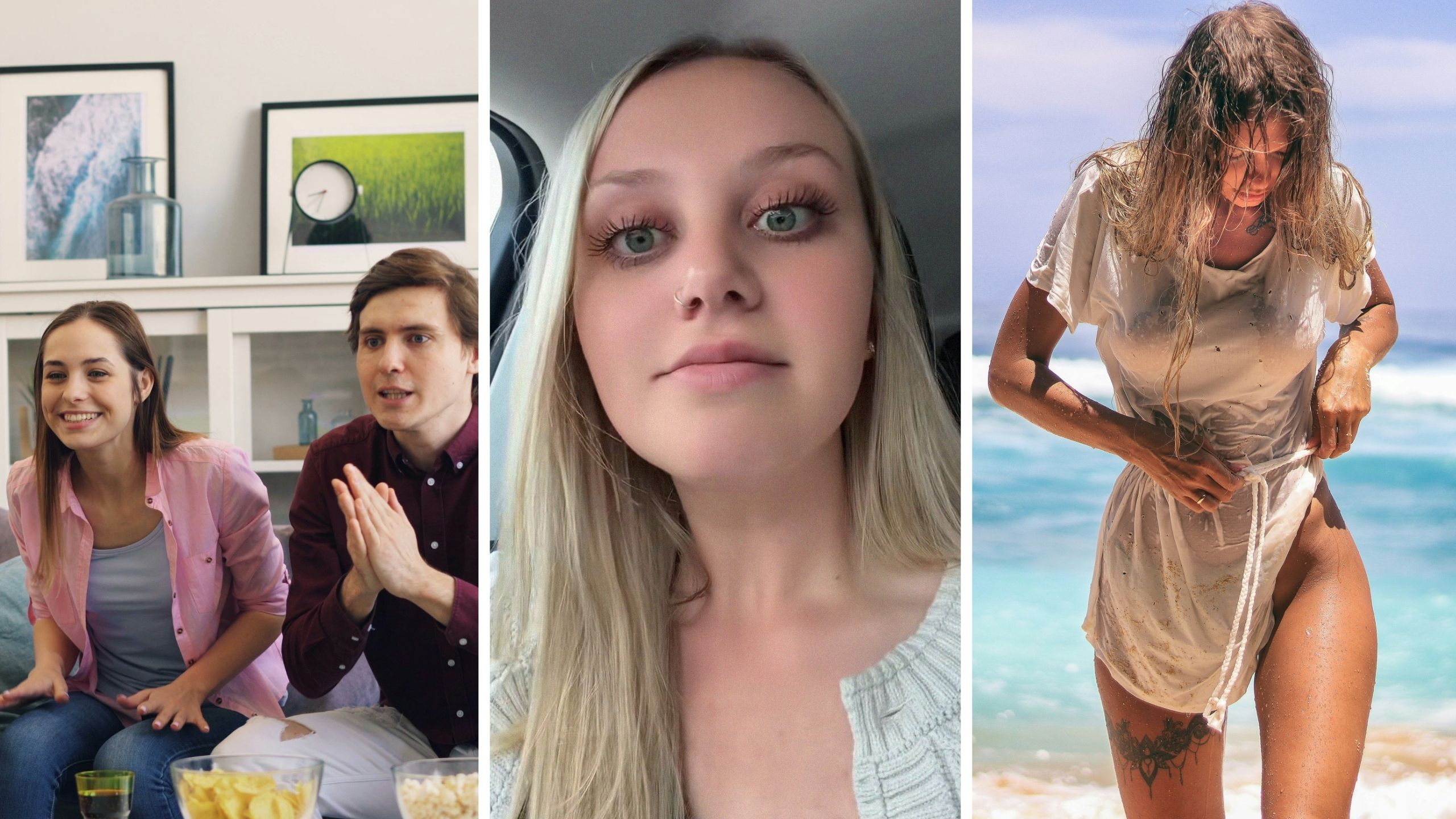 couple watching TV show (l) woman shares relationship issue (c) hot girl at island (r)