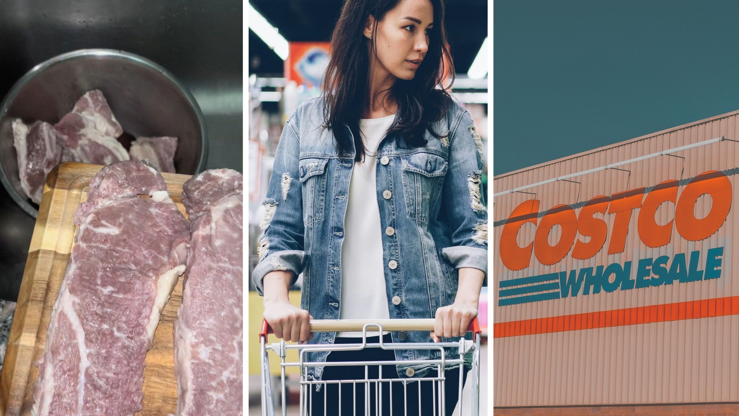 wagyu steak (l) woman goes steak shopping (c) Costco storefront (r)