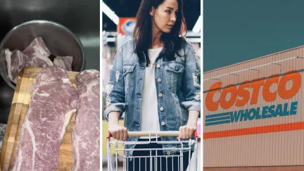 wagyu steak (l) woman goes steak shopping (c) Costco storefront (r)