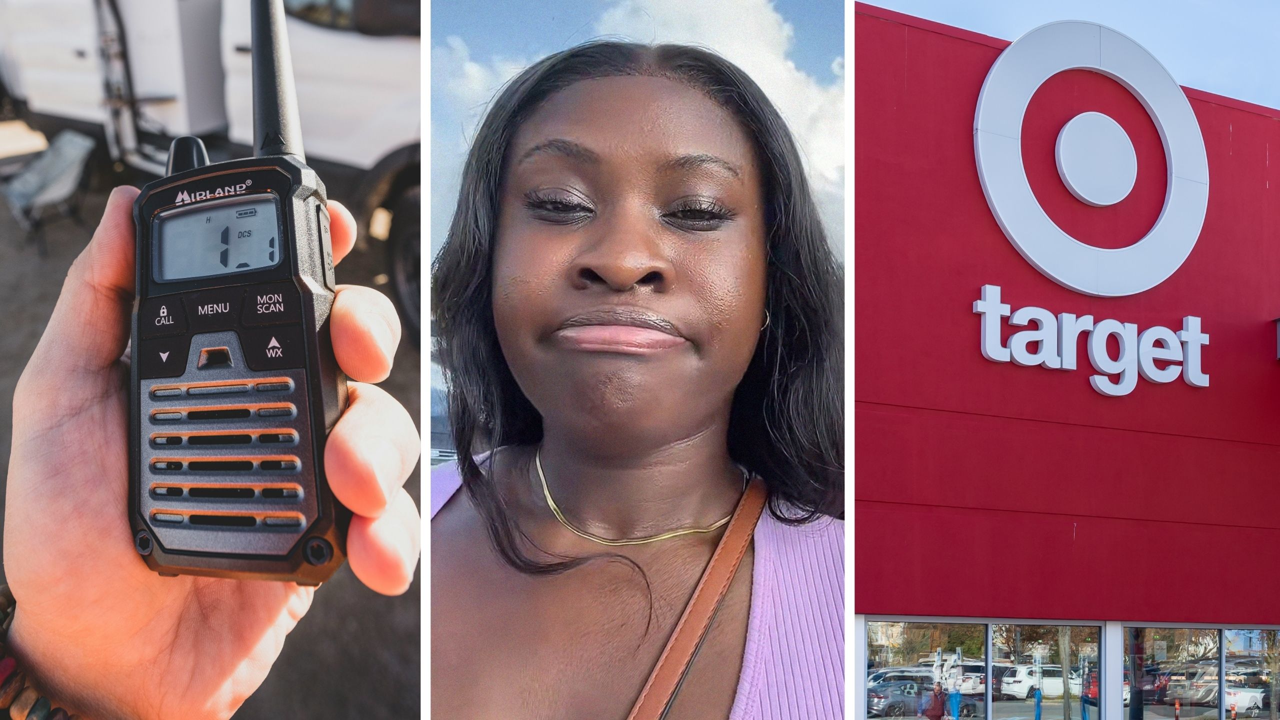 store walker using radio (l) woman shares target experience (c) Target storefront (r)