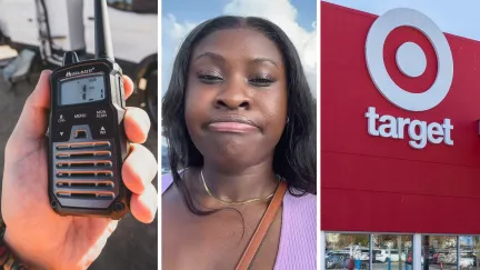 store walker using radio (l) woman shares target experience (c) Target storefront (r)
