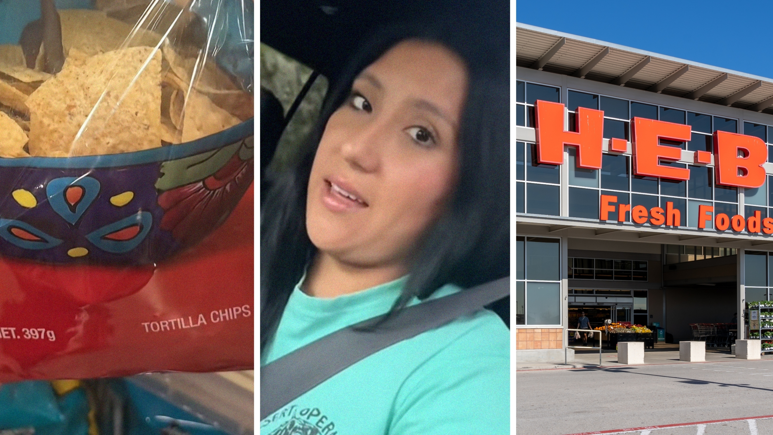 tortilla chips (l) woman shares chips observation (c) H-E-B storefront (r)