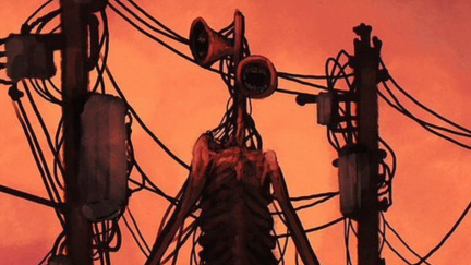 Art by Trevor Henderson depicting Siren Head, a mysterious 40-foot tall entity with two sirens for a head