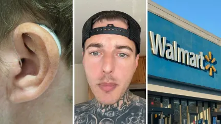 ear-piece to get in contact (l) man shares a day in the job (c) Walmart storefront (r)