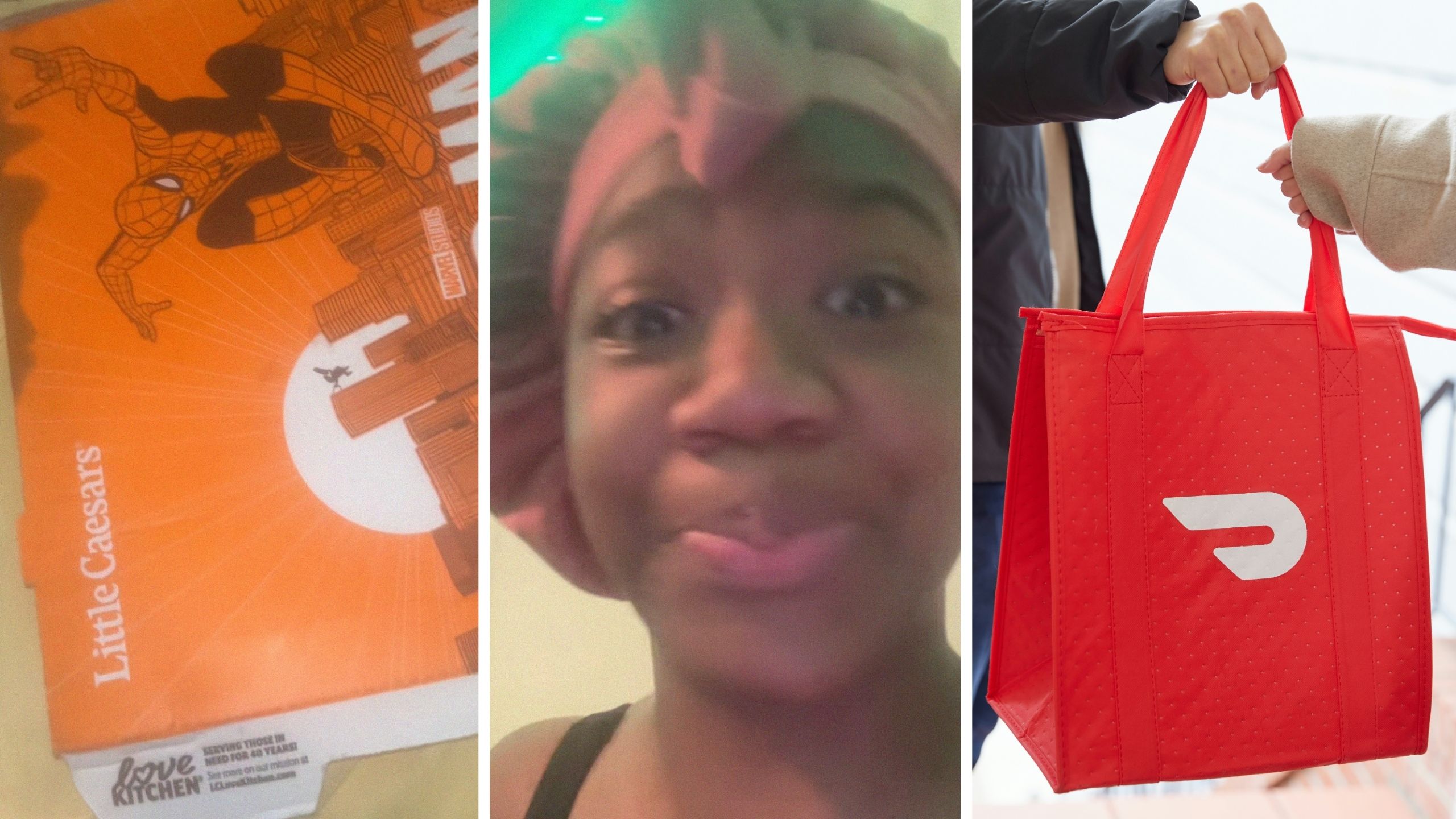 Little Caesars pizza (l) woman shares doordash experience (c) doordash delivery (r)