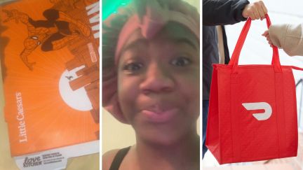 Little Caesars pizza (l) woman shares doordash experience (c) doordash delivery (r)