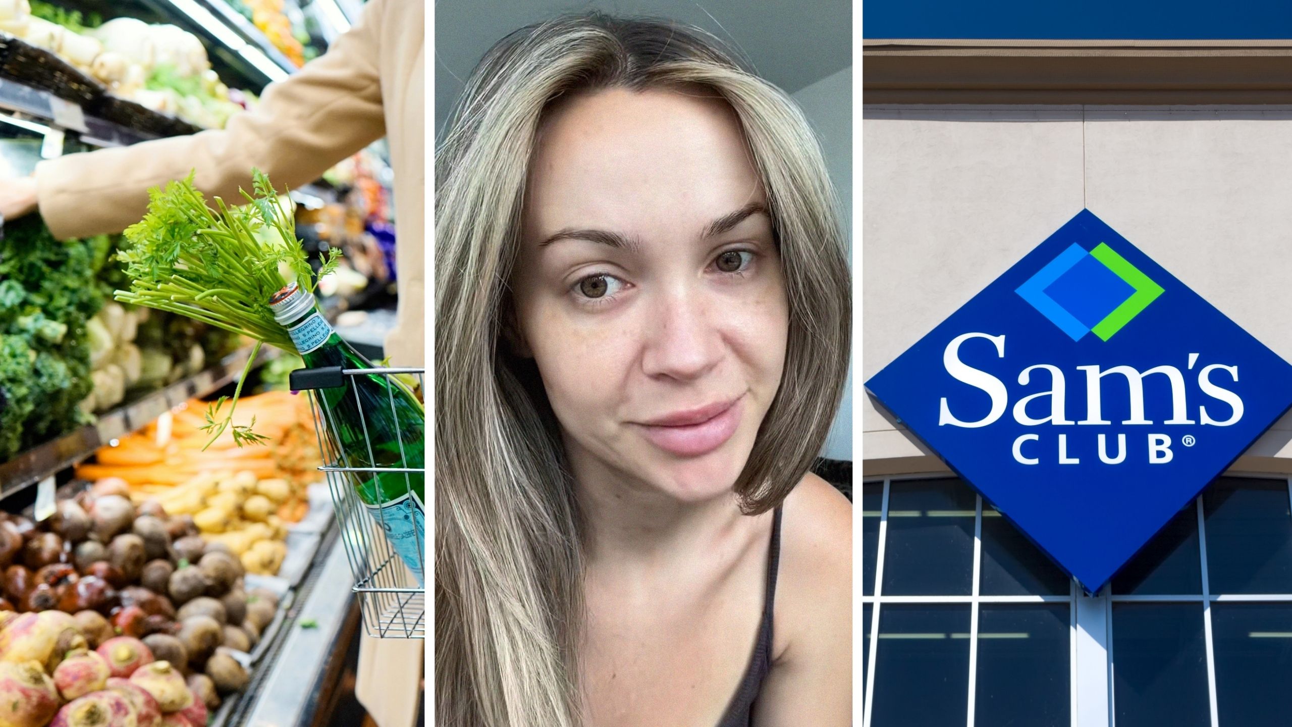 shopping at local grocery store (l) woman shares failed Sam’s Club delivery consequence (c) Sam's club storefront (r)