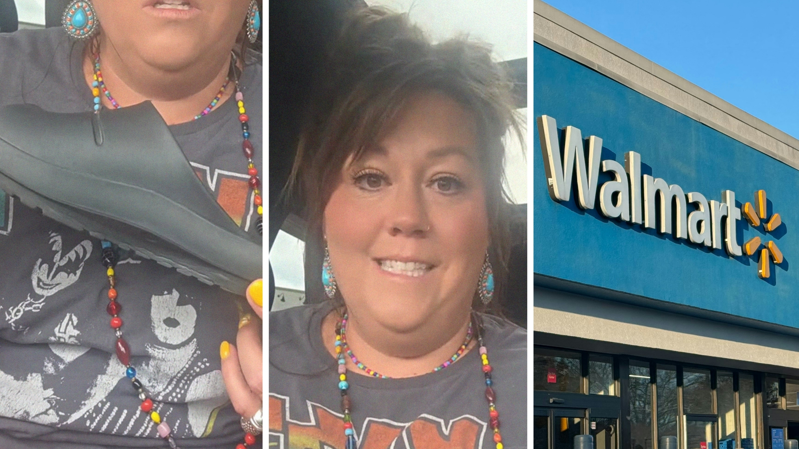 black slipper (l) woman shares walmart life changing purchase (c) walmart storefront (r)