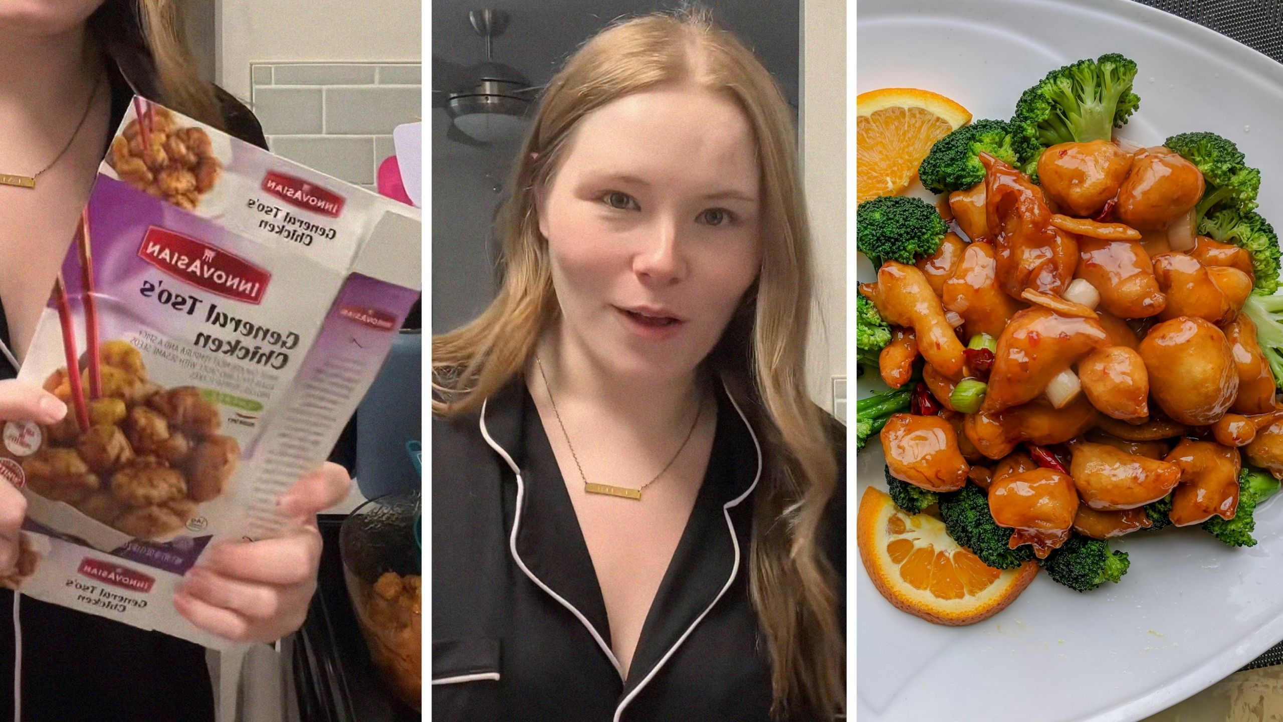 Innovasian’s General Tso’s Chicken pack (l) woman shares food order issue (c) cooked chicken serving (r)