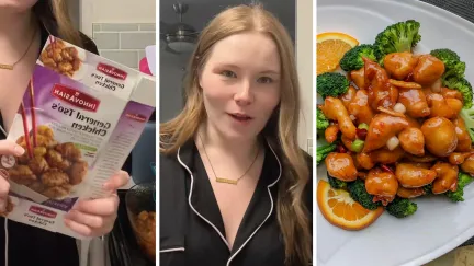 Innovasian’s General Tso’s Chicken pack (l) woman shares food order issue (c) cooked chicken serving (r)