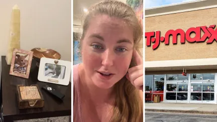 home decor (l) woman shares decor purchase (c) T.J. Maxx storefront (r)