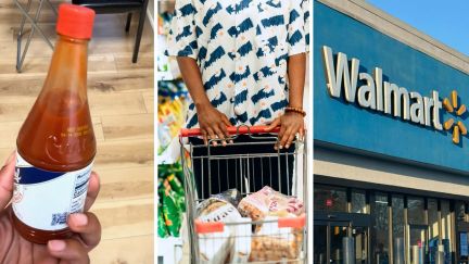 hot sauce bottle (l) woman shares purchase issue (c) walmart storefront (r)