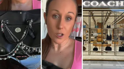 black coach bag (l) woman shares coach purchase issue (c) Coach storefront (r)