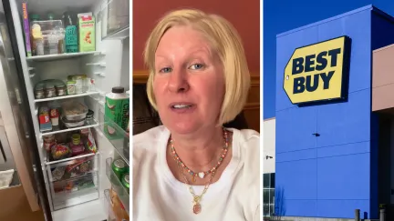 full refrigerator (l) woman shares Best Buy issue (c) Best Buy storefront (r)